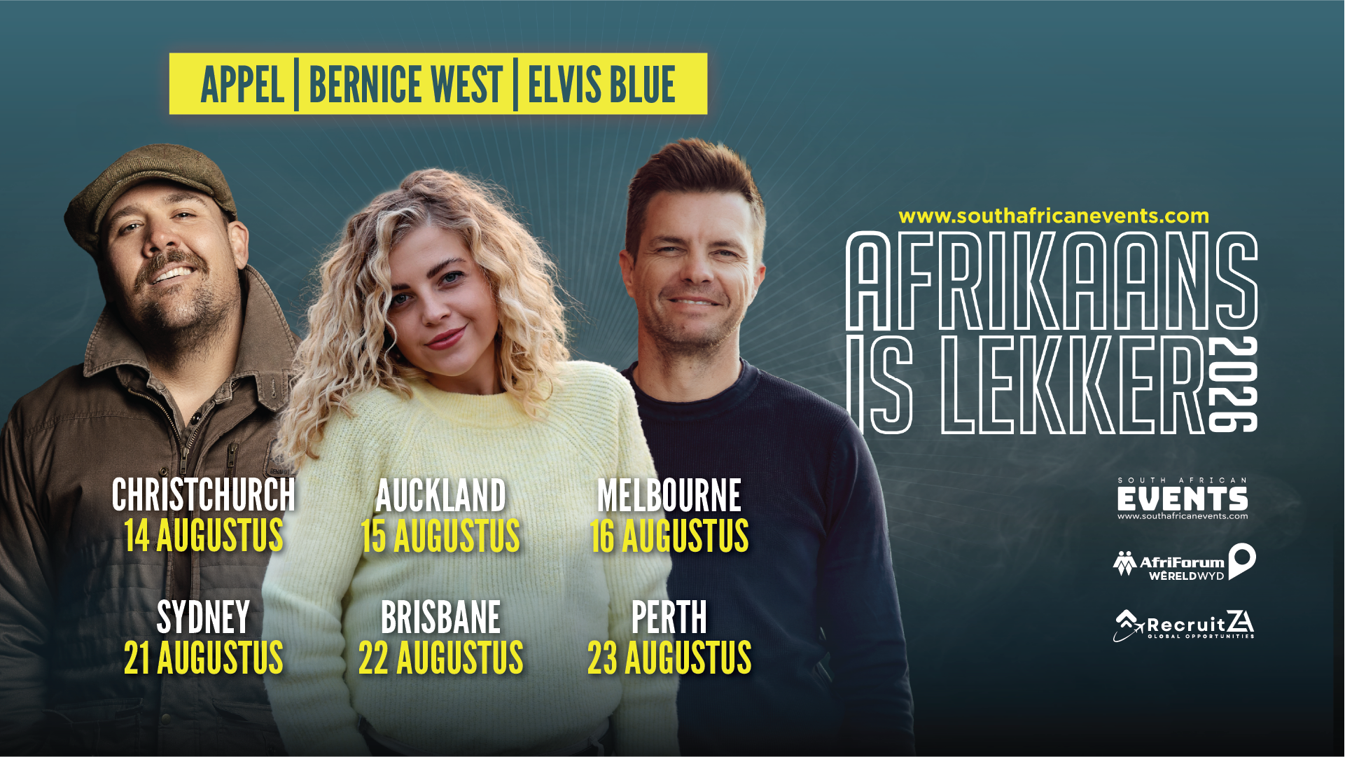 Afrikaans is Lekker 2026: Appel, Bernice West en Elvis Blue op toer in Australië en Nieu-Seeland
